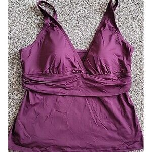 Swim Top Women's 18 XL V-Neck Maroon Solid Padded Lands End Beach Padded S319